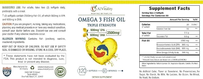 Omega 3 Triple Strength EPA DHA Supplement - 2500mg Lemon Flavored Burpless Fish Oil - High Potency 900mg EPA 600mg DHA Supports Circulation, Brain, Heart, Eye, Skin, Bone & Joints - 120 Softgels