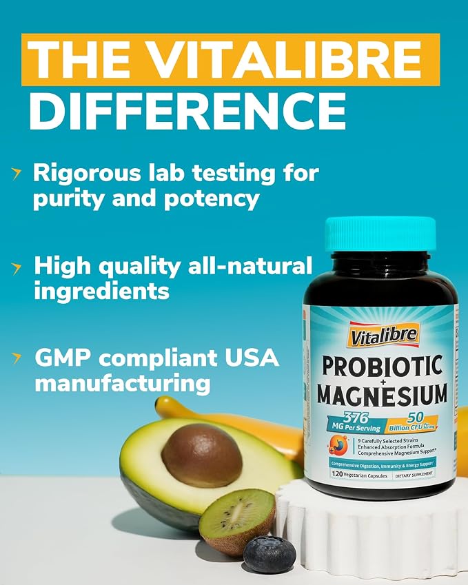 Vitalibre Probiotic with Magnesium Complex for Women Men, 50 Billion CFU, 9 Strains, Magnesium Glycinate Citrate Malate for Digestion, Immunity, Bone, Energy & Recovery, 120 Vegan Capsules, Non-GMO