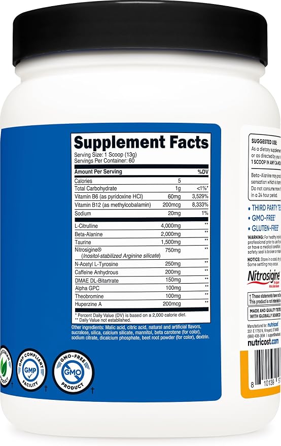 Nutricost Pre-Workout Complex Powder (60 Servings, Peach Mango) - Pre-Workout Supplement with Beta-Alanine, Taurine & Amino Acids