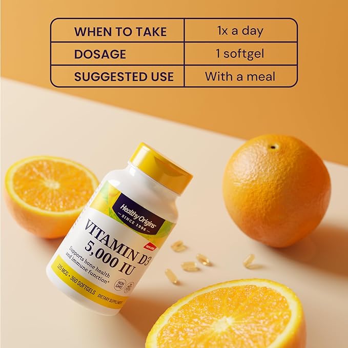 Healthy Origins Vitamin D3 (Lanolin) 5,000 IU Softgel - Bone Health and Immune Support Supplement - Easily Absorbable Vitamin D Supplements - Gluten-Free Vitamin D3 Supplement - 360 Softgels