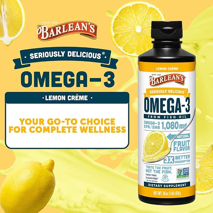 Barlean's Omega 3 Fish Oil Liquid Supplement for Men and Women, 1080mg of EPA and DHA Fatty Acid, Promotes Brain & Heart Health - Non-GMO, Lemon Crème, 16 oz