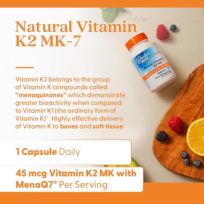 Doctor's Best Natural Vitamin K2 MK7 Supplement for Men & Women - Bone Health Support, 45 mcg Vitamin K-2 MK-7 Capsules with MenaQ7, Calcium Support, Non GMO, Vegan - 180 Veg Caps