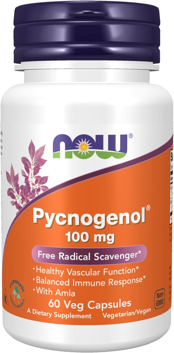 NOW Foods Supplements, Pycnogenol 100 mg (a Unique Combination of Proanthocyanidins from French Maritime Pine) with Amla, 60 Veg Capsules