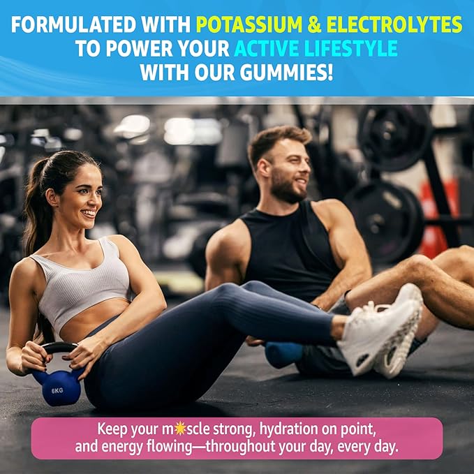 Potassium Citrate Gummies 1666mg for Adults - Potassium Supplement, Magnesium Glycinate, Zinc, B6, B12 & C – Electrolyte Gummies for Energy, Recovery & Leg Cramps, Vegan 60 Cts