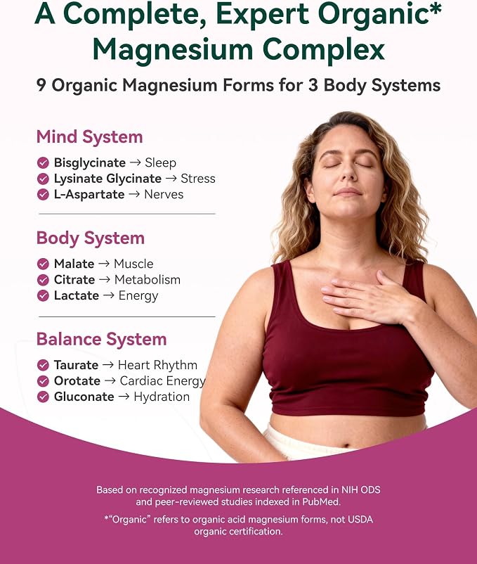 9-in-1 Magnesium Complex, 300mg Magnesium from 9 Organic Forms, Glycinate, Citrate, Malate, High Absorption for Sleep & Relaxation, Energy & Muscle Support, 90 Capsules