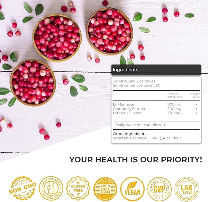 Urinary Tract Infection Treatments D Mannose 1000mg Capsules - Potent D-Mannose & Cranberry Pills with Hibiscus Extract - Healthy Bladder Control, Strength Urinary Tract Support (120 Capsules)