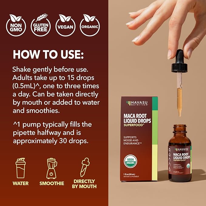 Organic Maca Root Liquid Drops - Supports Hormone Balance, Mood, and Energy in Women and Men - Lepidium Meyenii to Support Performance and Vitality - Non-GMO, Vegan, Unflavored - 60 Servings