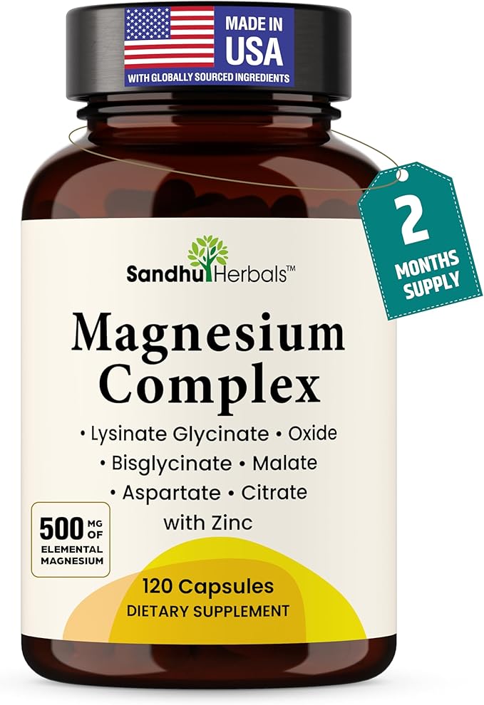 Complete Magnesium Complex 500mg for Women & Men | 120 Capsules | 6 in 1 Mag Supplement with Zinc | Quality Sleep & Muscle Health | Glycinate, Citrate, Malate, Oxide, Aspartate, Lysinate Glycinate