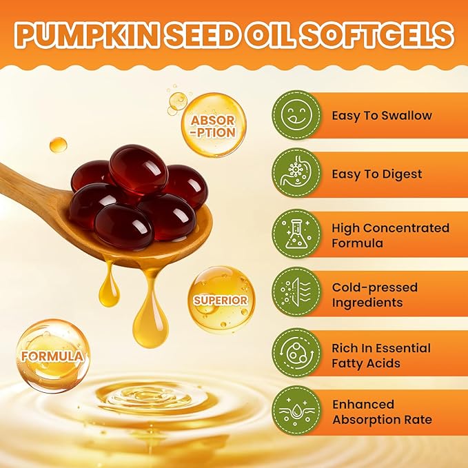 Pumpkin Seed Oil with Saw Palmetto Capsules, 3000mg Per Serving, Pumpkin Seeds Oil Supplement, Supports Immune, Hair, Urinary, Bladder & Prostate Health, Non-GMO, 360 Softgels