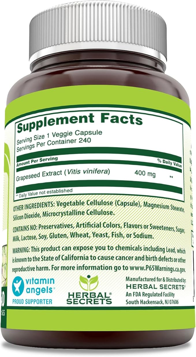 Herbal Secrets Grapeseed Extract 400 mg Veggie Capsules Supplement | Non-GMO | Gluten Free (240 Count)