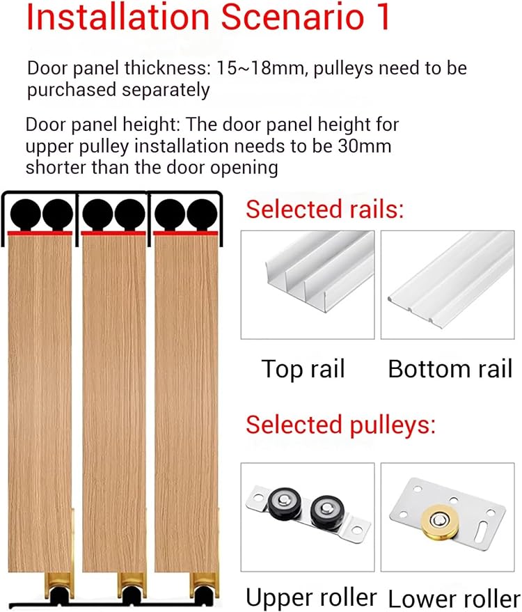 Adjustable Triple Track Sliding Door Hardware Kit - High-Strength Aluminum Rails for 3-Panel Closet Doors (150cm/59.1in) - Concealed Mount System for Smooth Operation
