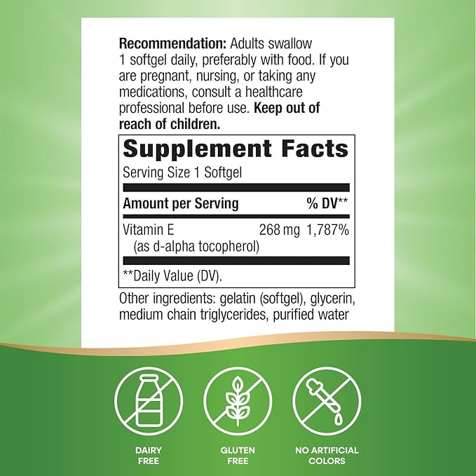 Nature’s Way Vitamin E D-Alpha Tocopherol - 268 mg per serving - Antioxidant – Essential Nutrient for Heart Muscle Cells* - Gluten Free - 100 Softgels