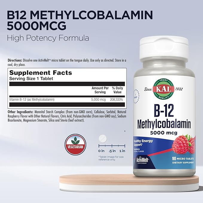 KAL Vitamin B12 Methylcobalamin 5000mcg, Healthy Energy, Metabolism, Nerve & Red Blood Cell Support,* Fast Dissolve ActivMelts, Optimal Absorption, Natural Raspberry Flavor, 90 Servings, 90 Micro Tabs