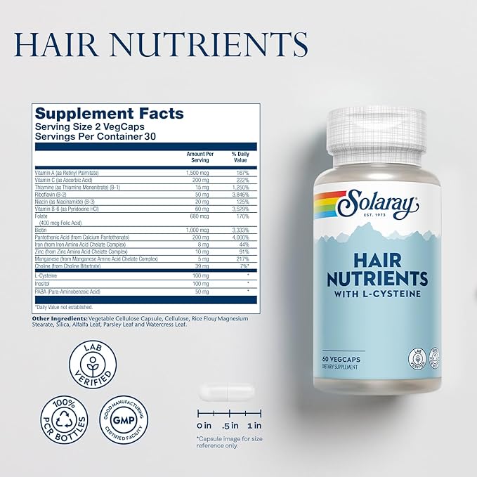 SOLARAY Hair Nutrients with L-Cysteine - Hair Vitamins with Biotin for Hair Growth Support - Hair Skin and Nails Vitamins for Women and Men - Lab Verified, 60-Day Guarantee - 30 Servings, 60 VegCaps