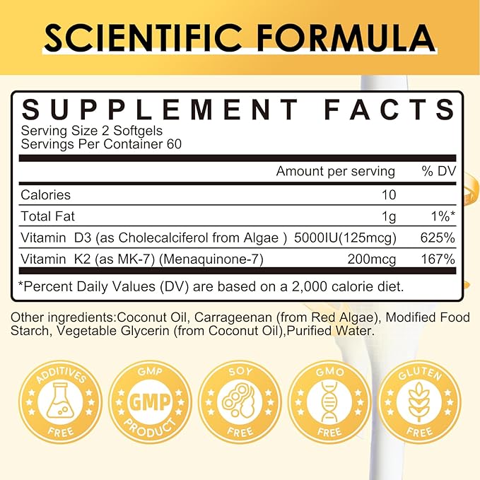 Vitamin D3 K2 Supplement with Vitamin D3 5000 IU, 200 mcg Vitamin K2 MK-7 & Natural Coconut Oil, Plant Based 2-1 Formula for Bone, Teeth, Muscle and Immune Health Support,120 Softgel Capsules