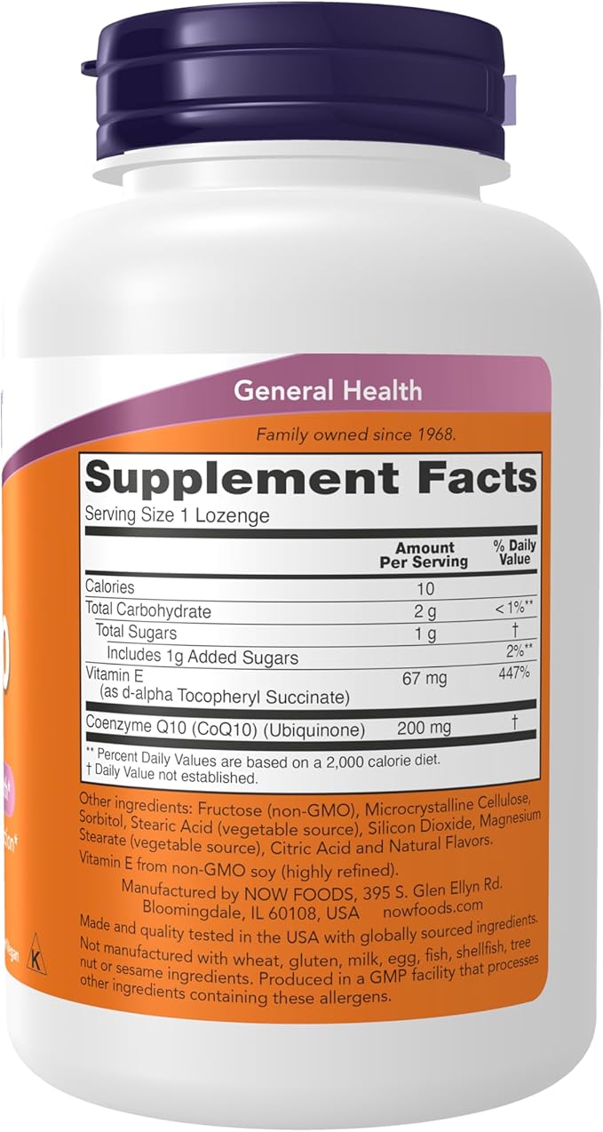NOW Foods Supplements, CoQ10 200 mg, Pharmaceutical Grade, All-Trans Form produced by Fermentation, 90 Lozenges