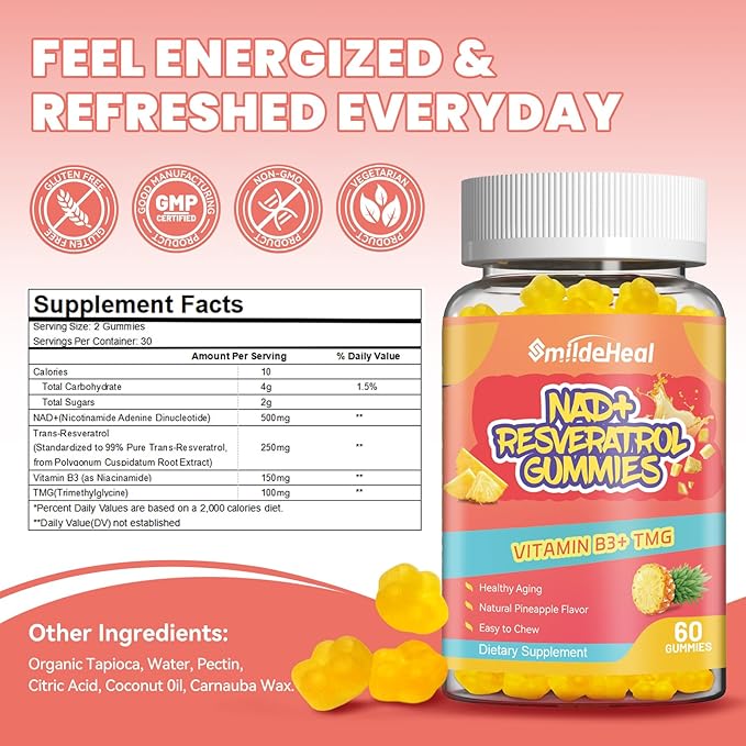 2Pack NAD+ Resveratrol Gummies NAD+ Supplement 500mg with Vitamin B3 & TMG – Healthy Aging, Energy & Cellular Health Support – Vegan Friendly, Natural Pectin – 120 Gummies, 60-Day Supply