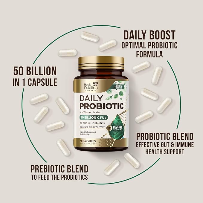 Probiotics 50 Billion CFU per Serving - 10 Strains + Prebiotics - Digestive Health, Gut & Immune Support - Occasional Constipation, Gas & Bloating Support for Women & Men, Bottled USA - 60 Capsules