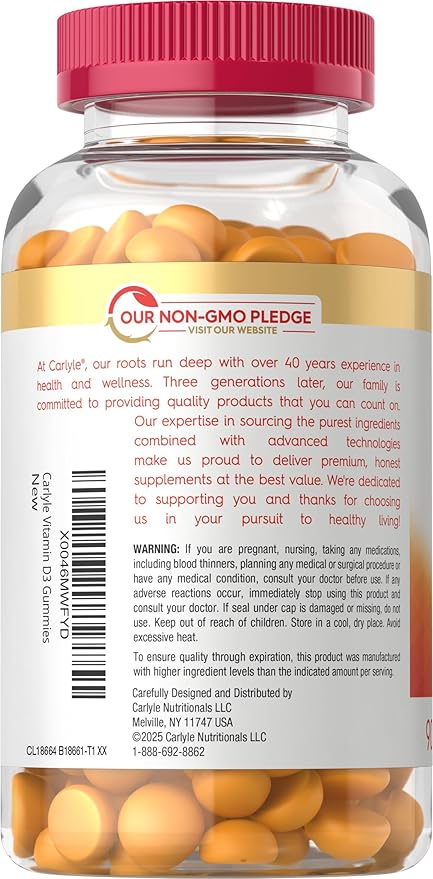 Carlyle Vitamin D3 K2 Gummies | 90 Count | 5,000 IU of D3 + 50 mcg MK7 | Peach Mango Flavor | Vegetarian, Non-GMO, and Gluten Free Supplement