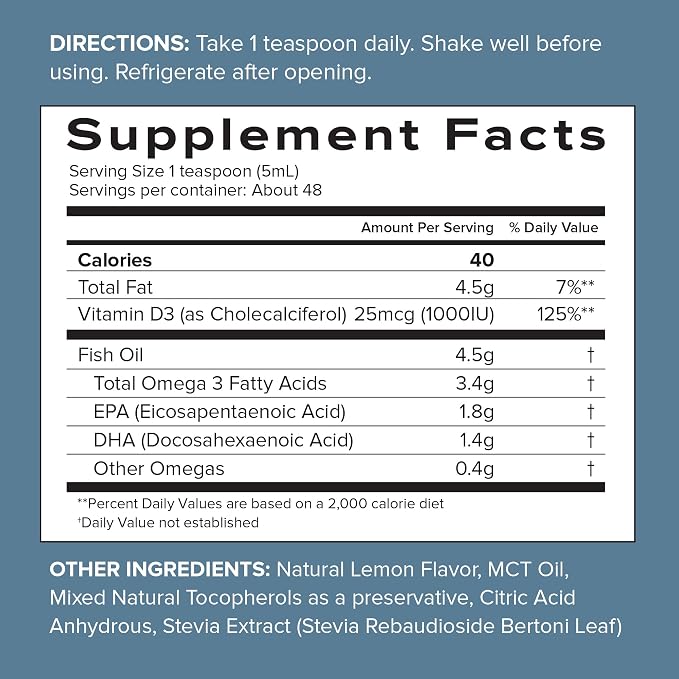SFH Omega 3 Fish Oil Liquid 3400mg |EPA & DHA + 1000 IU Vitamin D3 | Lemon Flavor Liquid Fish Oil Supplement | Sustainably Sourced Alaskan Pollock | 8 fl oz