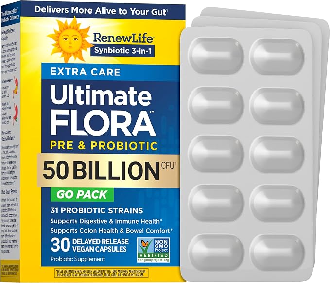 Renew Life Extra Care Go-Pack Probiotic Capsules, Daily Supplement Supports Immune, Digestive and Respiratory Health, L. Rhamnosus GG, Dairy, Soy and gluten-free, 50 Billion CFU, 30 Ct