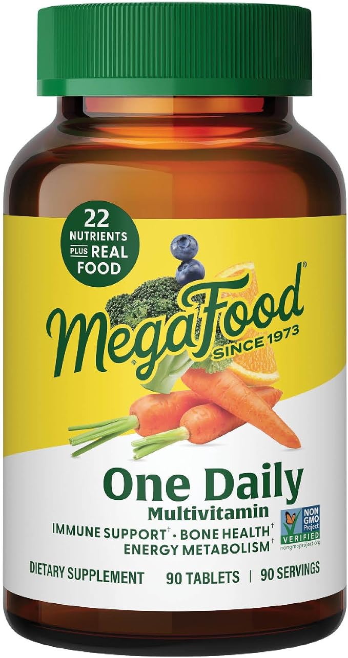 MegaFood One Daily Multivitamin for Women and Men, Immune Support Supplement with Real Food, Vitamin C & Vitamin B, Bone Health, Cellular Energy Metabolism, Vegetarian, Non-GMO, 90 Tablets