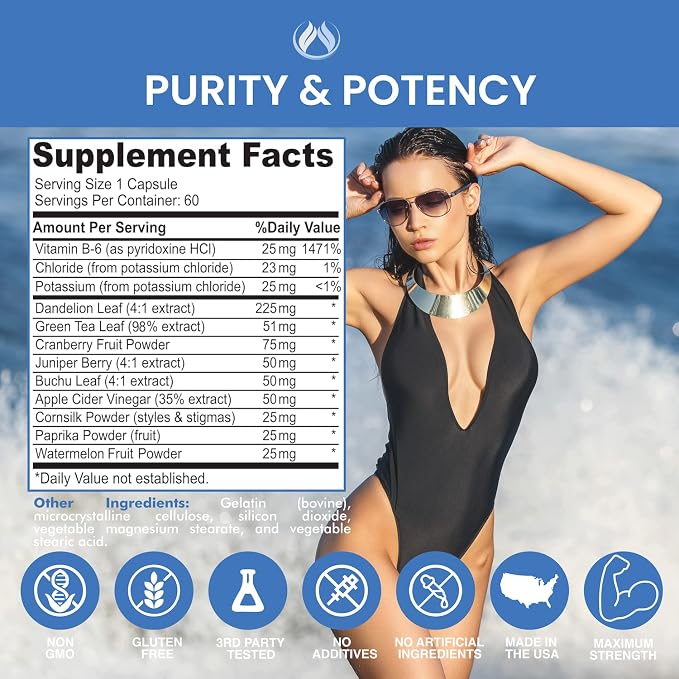 Water Pills Diuretic Water Retention - Liver Detox, Kidney Cleanse, Weight, Swelling Legs & Feet, Edema, Bloating Relief, Fluid Balance - Dandelion Vitamin B6 Green Tea Watershed Max Strength 60ct (1)
