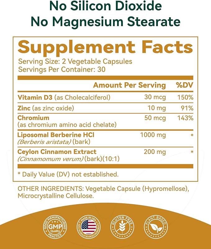 Liposomal Berberine with Ceylon Cinnamon 1200MG - GLP-1 Friendly, High-Absorption Berberine Supplement, Natural Body Balance Support - Non-GMO, 60 Veg Capsules, Made in USA, Lab Tested