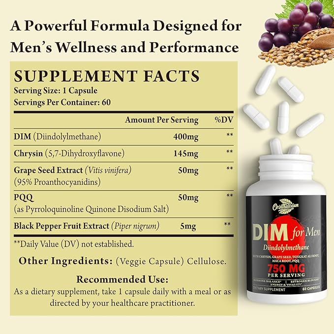 DIM for Men 750MG – Hormone Balance, Estrogen Support for Men, DIM Supplement, Detox, Vitality & Fitness Performance–Chrysin & Black Pepper Extract, 60 Capsules (1 Bottle)