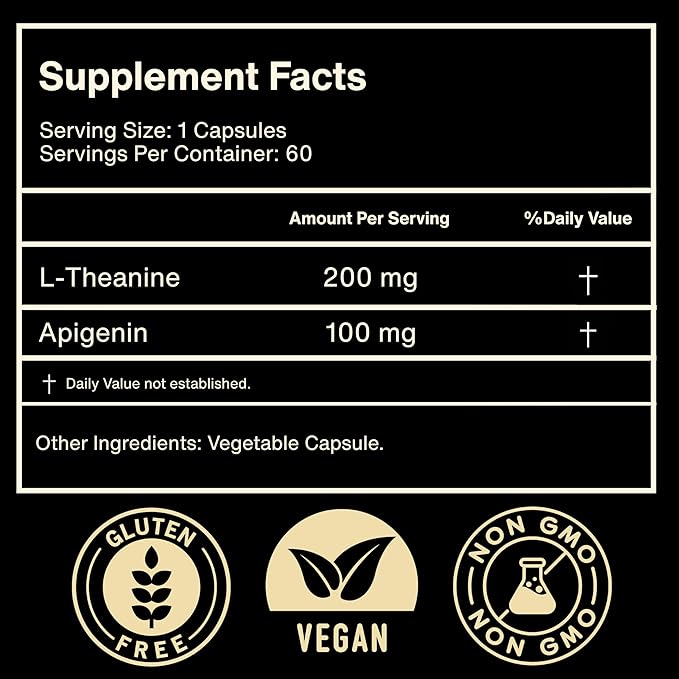Apigenin 100mg with L-Theanine 200mg Supplement Capsules for Sleep Support, Relaxation, Clarity & Calm | Melatonin Free | 60 Vegan Capsules
