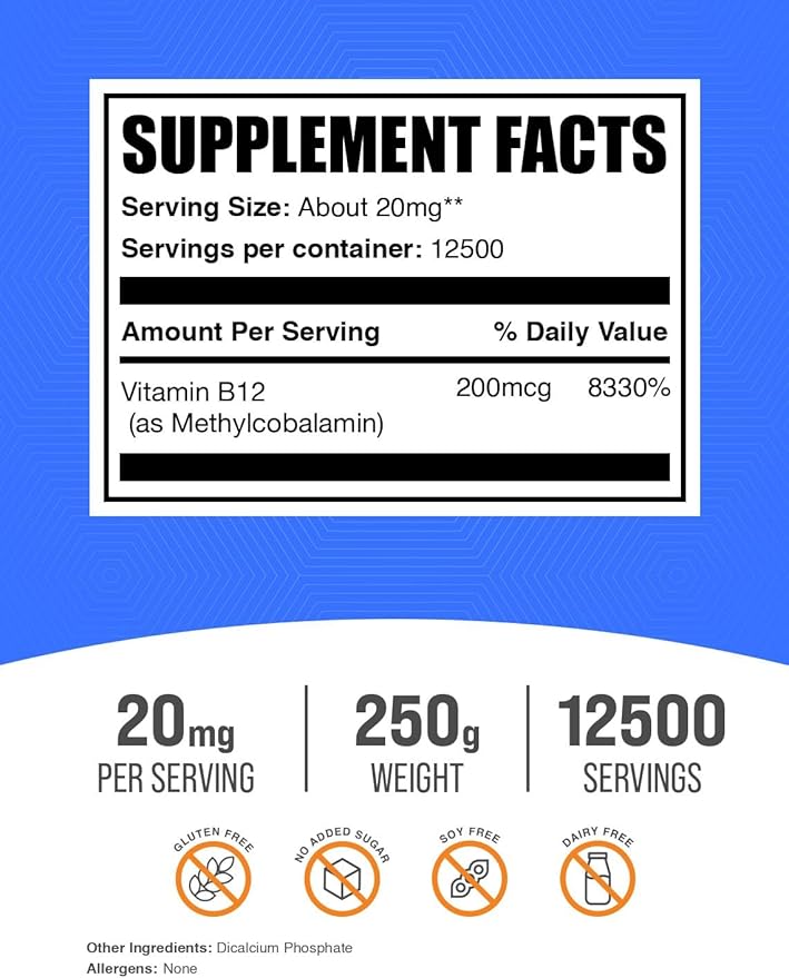 BulkSupplements.com Vitamin B12 Methylcobalamin Powder - 1% B12 Methylcobalamin, Essential B Vitamin - B12 Supplement, Gluten Free, 20mg per Serving, 250g (8.8 oz) (Pack of 1)