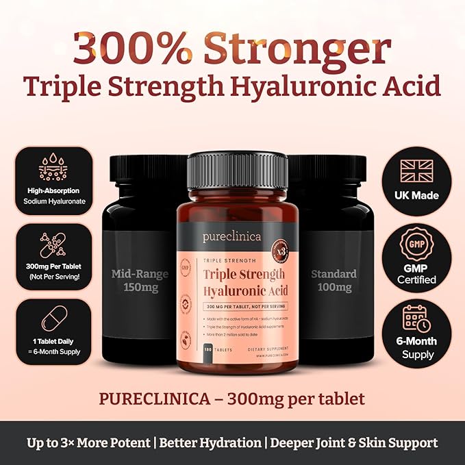Triple Strength Hyaluronic Acid 300mg x 180 tablets (6 months supply). 300% stronger