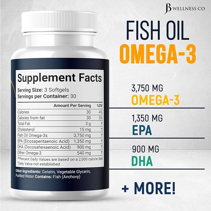 Triple Strength Omega 3 Fish Oil 3750 mg - EPA & DHA - Over 3000mg Omega-3 Fatty Acids - 1350mg EPA + 900mg DHA - Best Essential Fatty Acids, Burpless Fish Oil - 180 Count