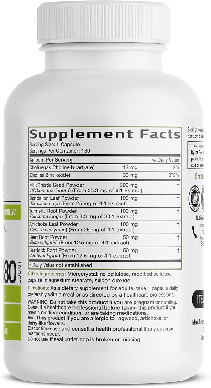 Bronson Liver Detox Advanced Detox & Cleansing Formula Supports Health Liver Function with Milk Thistle, Dandelion Extract, Turmeric, Artichoke Leaf & More, Non-GMO, 180 Vegetarian Capsules