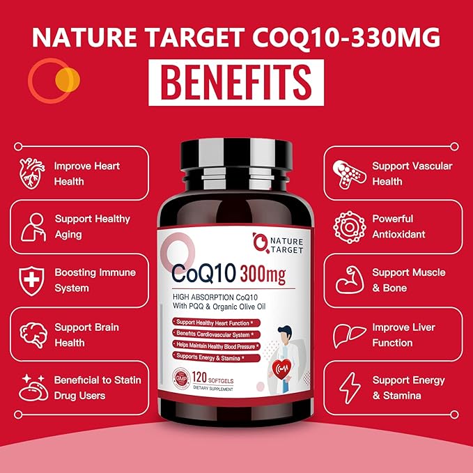 NATURE TARGET CoQ10-300mg-Softgels + PQQ with Organic-Olive-Oil - High Absorption-Coenzyme-Q10 - Antioxidant-for-Heart-Health and Immune Support, Energy Production, 120 Servings