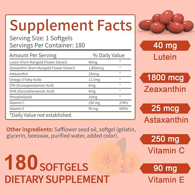 Lutein and Zeaxanthin Supplement Softgels: Eye Vitamins and Supplements with Vitamins C, E, Omega 3, Lutein & Zeaxanthin for Improving Vision and Relieving Eye Fatigue
