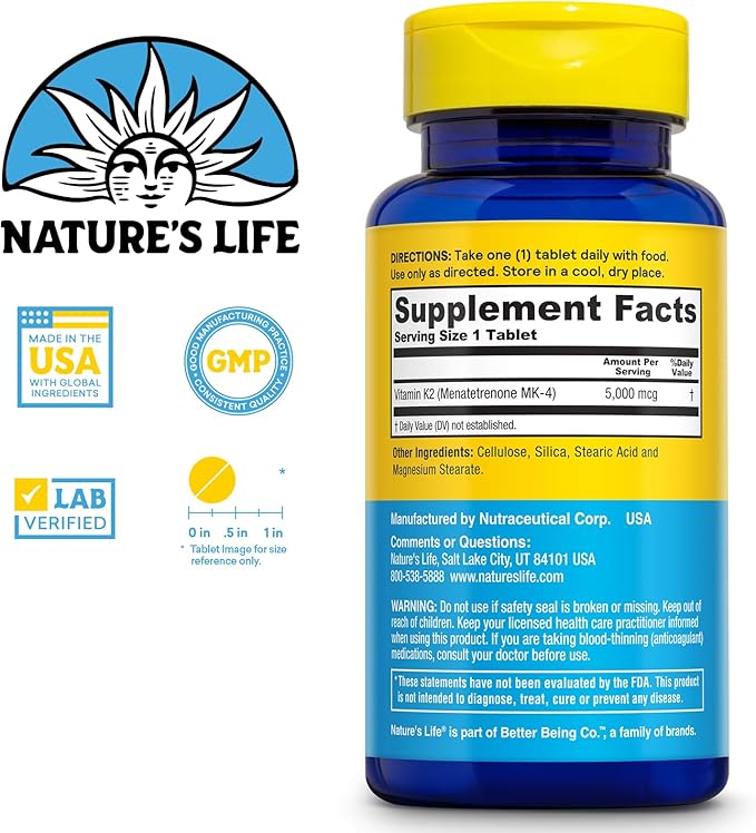 Nature's Life Revitalizing Vitamin K2 - Bone Health, Artery and Heart Health Support - High Potency Vitamin K Supplement as Vitamin K2 MK4-60 Day Guarantee, Lab Verified - 60 Servings, 60 Tablets