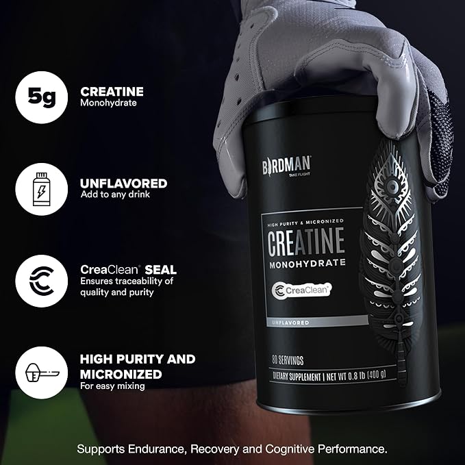 BIRDMAN Micronized Creatine Monohydrate Powder, Muscle Recovery, Caffeine Free, Creatine Pre Workout, Vegan, Post Workout, Gluten Free, Sugar Free | 80 Servings (5 Grams Each) | 0.8lb