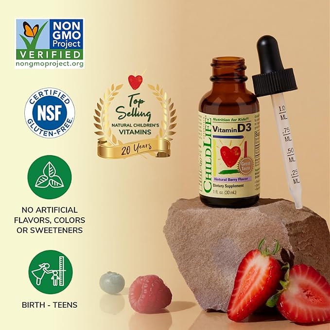 CHILDLIFE ESSENTIALS Vitamin D3 Drops for Kids, Children, & Toddlers - Liquid Vitamin D Drops, 500 IU per Drop, Immune & Bone Health Support, Natural Berry - 1 Fl Oz (Pack of 3)