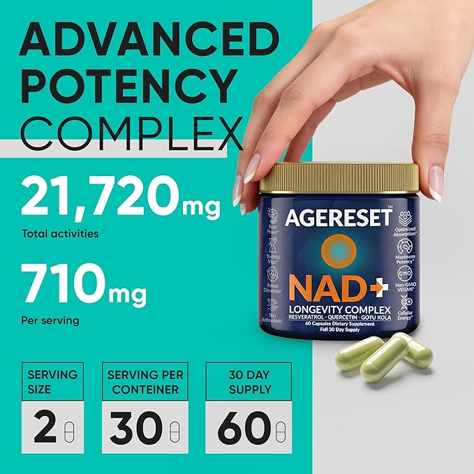 AGERESET NAD Supplement NMN Alternative Liposomal + Gotu Kola for Women & Men w/Resveratrol, Quercetin, Gotu Kola