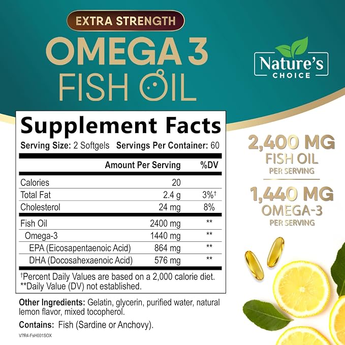 Omega 3 Fish Oil Supplements - 2400mg Fish Oil Per Serving - Triple Strength Omega-3 with Fatty Acids EPA & DHA - Natural Heart, Brain & Immune Support - Wild Caught, Bottled in USA - 120 Softgels
