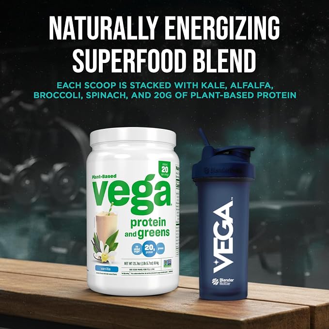 Vega Premium Protein + Supergreens, Vanilla – 20g Vegan Protein, Dairy & Gluten Free, 21.7 oz (20 Servings)