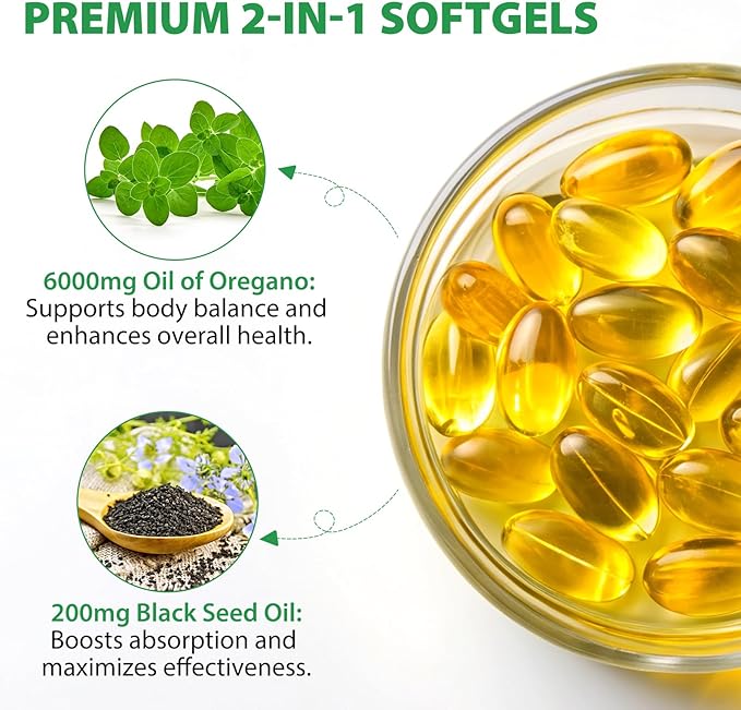 WHLH & WELL-BEING Oil of Oregano with Black Seed Oil Softgels, Oregano Oil Capsules, Non-GMO, Gluten Free, 240