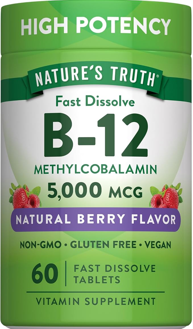 Nature's Truth B12 Vitamin 5000 mcg | 60 Tablets | Fast Dissolve Natural Berry Flavor | Vegan, Non-GMO & Gluten Free Supplement
