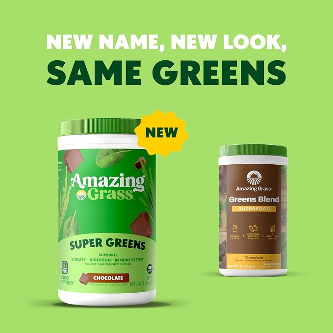Amazing Grass Greens Blend Superfood: Super Greens Powder Smoothie Mix with Organic Spirulina, Chlorella, Beet Root Powder, Digestive Enzymes & Probiotics, Chocolate, 60 Servings (Packaging May Vary)