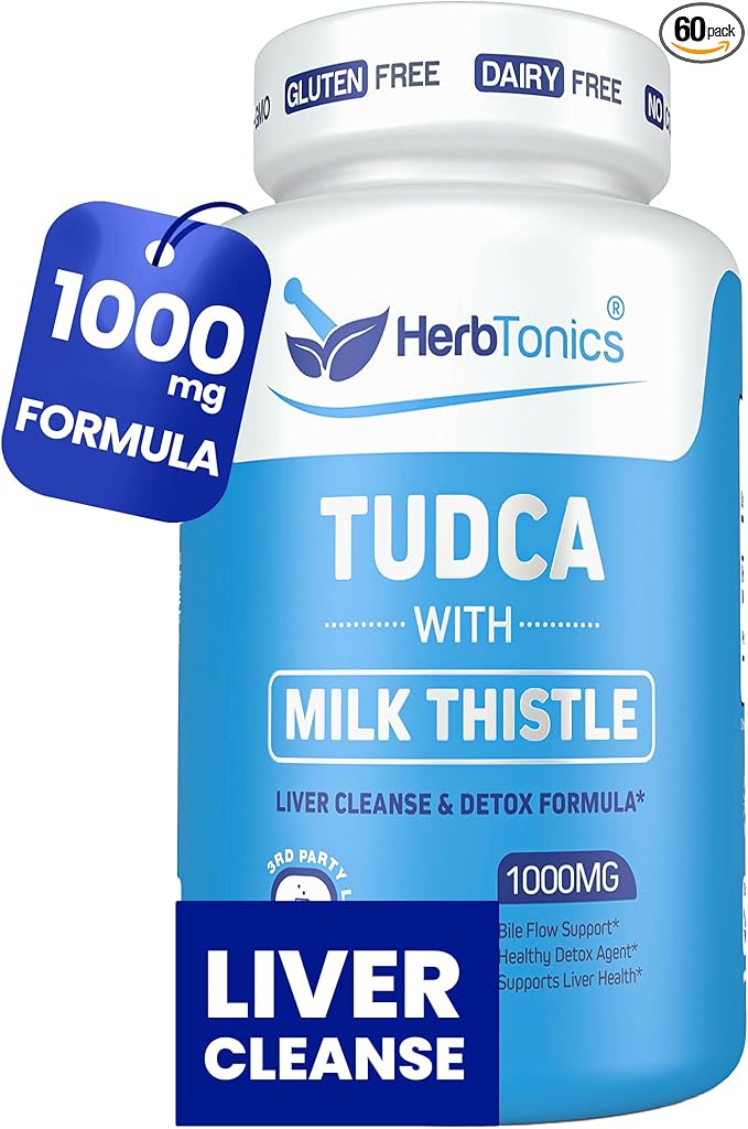 Herbtonics TUDCA 1000mg Liver Detox & Gallbladder Support – Milk Thistle & Pterostilbene Enhanced Bile Salt for Liver Cleanse, Healthy Bile Flow, and Digestive Health (60 Vegan Capsules)