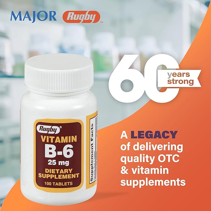 Rugby Vitamin B-6 Tablets - 25mg of Vitamin B6 - Dietary Supplement - 100 Count (1 Pack)