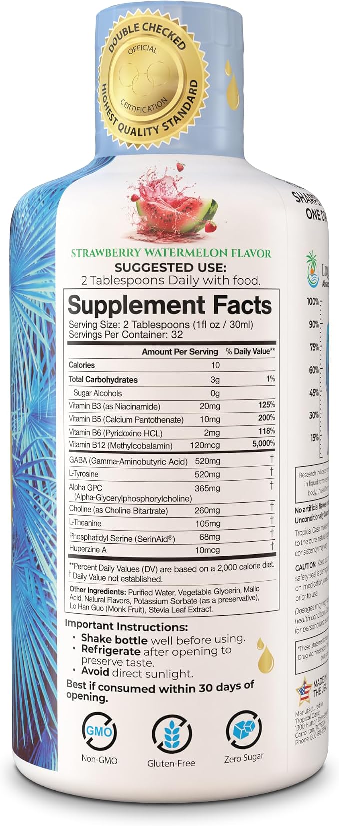 Tropical Oasis - Brain Power | Liquid Nootropic Supplement - Promotes Mental Clarity, Focus, and Memory Retention (Unflavored, 32 Servings)