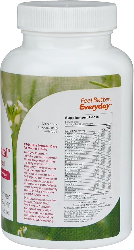 Zahler - Total One Prenatal Vitamins for Women (90 Count) Daily Multi Vitamin Prenatals with Folic Acid, Iron, Zinc & 19 Other Essential Vitamins & Minerals - Kosher Pre Natal Multivitamin Capsules
