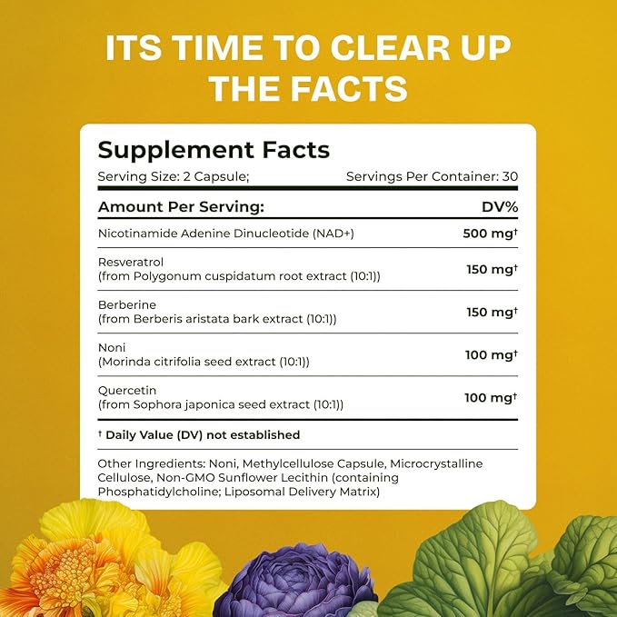 Liposomal NAD Supplement for Women w/Noni | 5-in-1 NAD Resveratrol Supplement w/Berberine & Quercetin | Pure NMN Powder Alternative | Supports Anti Aging & NAD+ Levels | 60 caps - 1 Pack